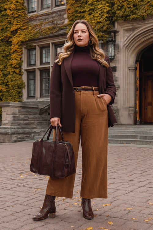 a plus-size woman wearing a rich chocolate brown longline tuxedo blazer belted at the waist over a deep burgundy fitted turtleneck and wide-leg trousers in warm caramel