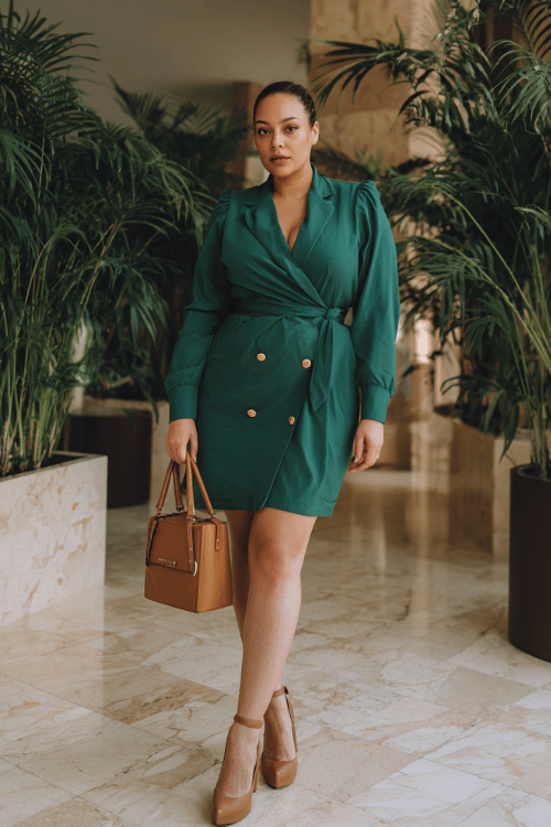 a plus-size woman wearing a rich emerald green wrap blazer dress with gold button details and a beautifully belted waist, paired with block-heel pumps in dark cognac leather 