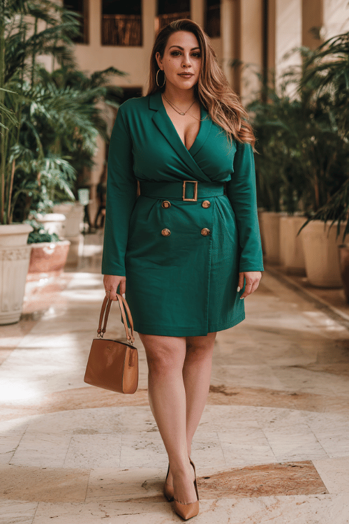 a plus-size woman wearing a rich emerald green wrap blazer dress with gold button details and a beautifully belted waist, paired with block-heel pumps in dark cognac leather