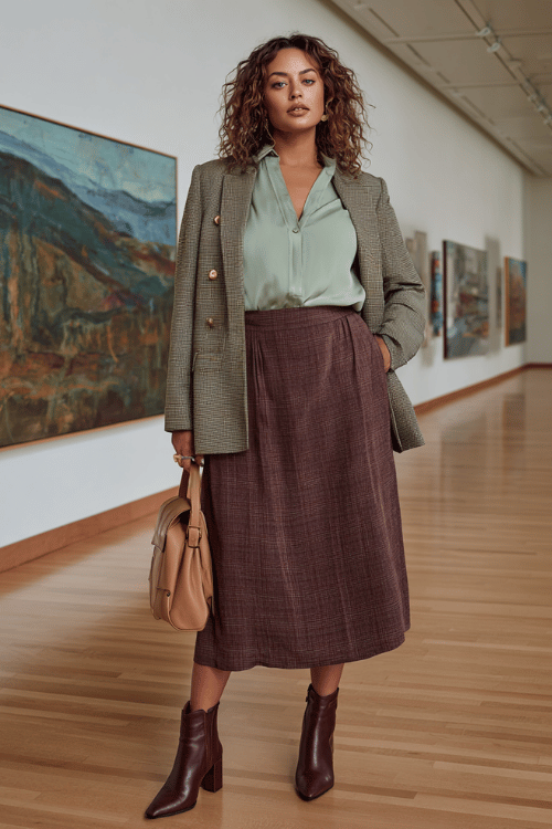 a plus-size woman wearing a soft sage green long-sleeve blouse tucked into a high-waisted A-line midi skirt in rich burgundy plaid, layered with a fitted charcoal blazer