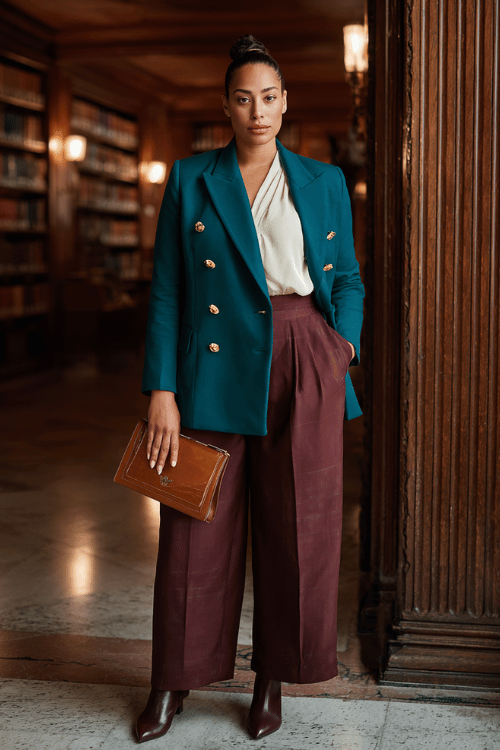 a plus-size woman wearing a striking deep teal double-breasted blazer with gold coin buttons over a soft cream silk blouse, paired with wide-leg trousers in a bold burgundy