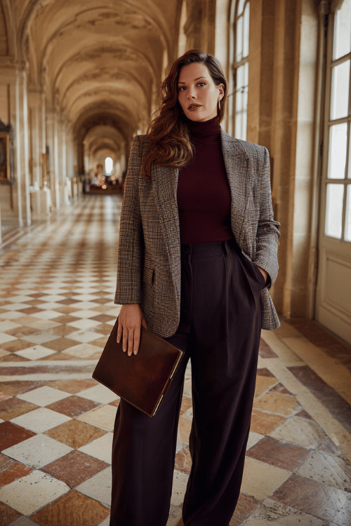 a plus-size woman wearing a tailored windowpane blazer in charcoal and ivory over a deep burgundy fitted turtleneck, paired with wide-leg dark trousers and pointed-toe loafers 