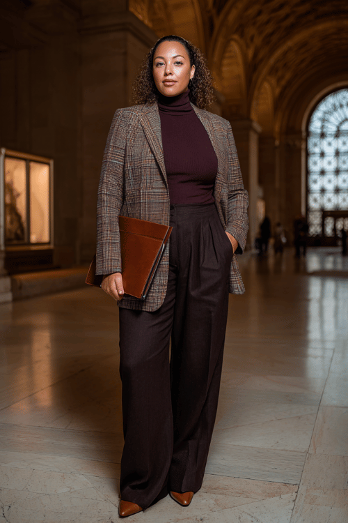a plus-size woman wearing a tailored windowpane blazer in charcoal and ivory over a deep burgundy fitted turtleneck, paired with wide-leg dark trousers and pointed-toe loafers