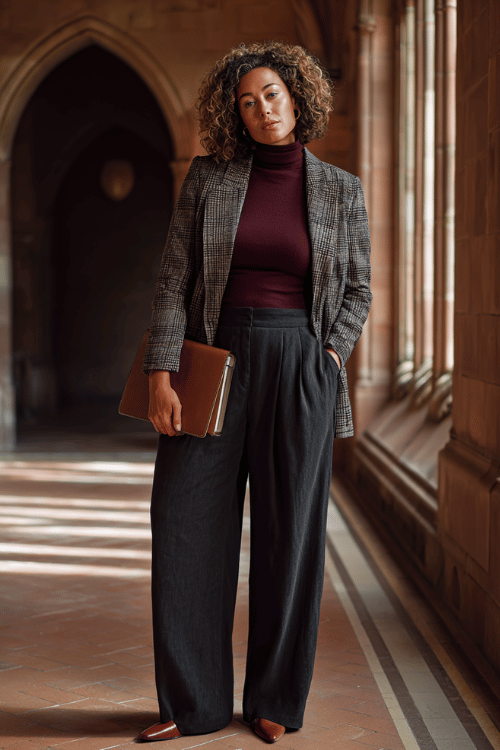 a plus-size woman wearing a tailored windowpane blazer in charcoal and ivory over a deep burgundy fitted turtleneck, paired with wide-leg dark trousers and pointed-toe loafers