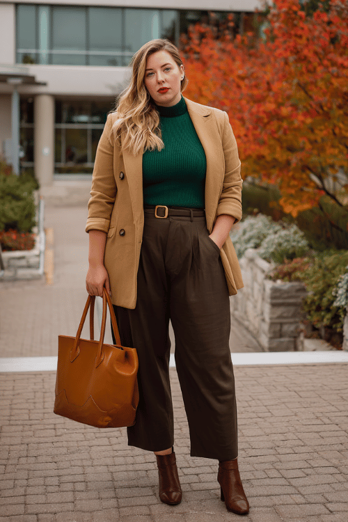 a plus-size woman wearing an oversized camel blazer belted at the waist over a deep forest green fitted turtleneck and wide-leg dark trousers, finished with comfortable pointed-toe ankle boots