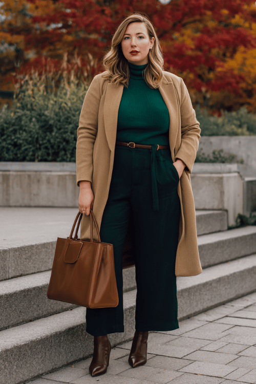 a plus-size woman wearing an oversized camel blazer belted at the waist over a deep forest green fitted turtleneck and wide-leg dark trousers, finished with comfortable pointed-toe ankle boots 