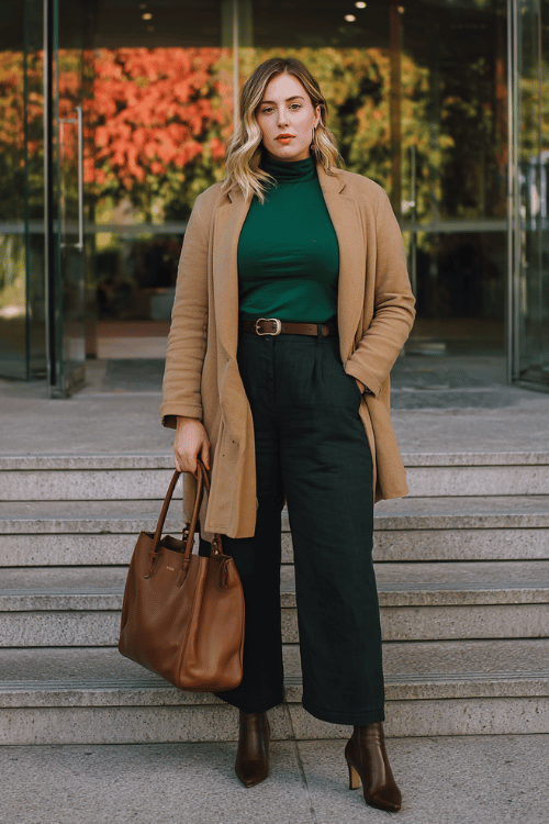a plus-size woman wearing an oversized camel blazer belted at the waist over a deep forest green fitted turtleneck and wide-leg dark trousers, finished with comfortable pointed-toe ankle boots
