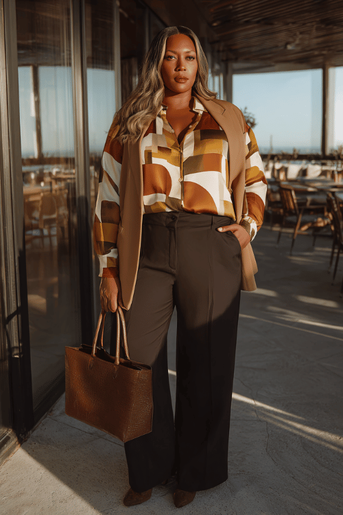 a silver-haired Black plus-size woman wearing a bold geometric print wrap blouse in rust, ivory and olive tones tucked into high-waisted wide-leg trousers in deep charcoal