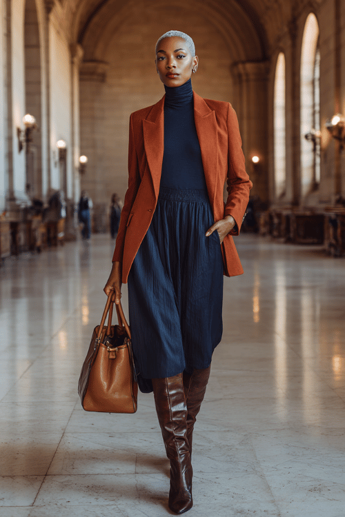 a silver-haired Black woman wearing a sophisticated deep navy turtleneck dress with a cinched waist and flowing A-line midi skirt, layered with a tailored rust-orange blazer
