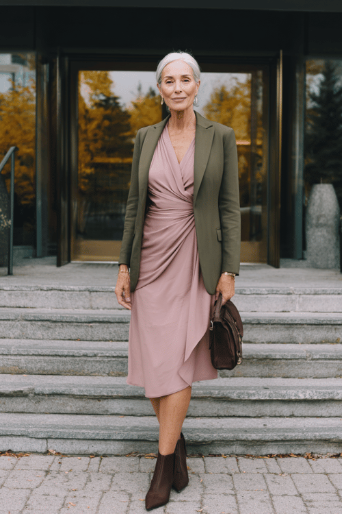 a silver-haired distinguished woman in a soft dusty rose long-sleeve wrap dress with a graceful draped neckline and flowing midi skirt, layered with a tailored forest green blazer 