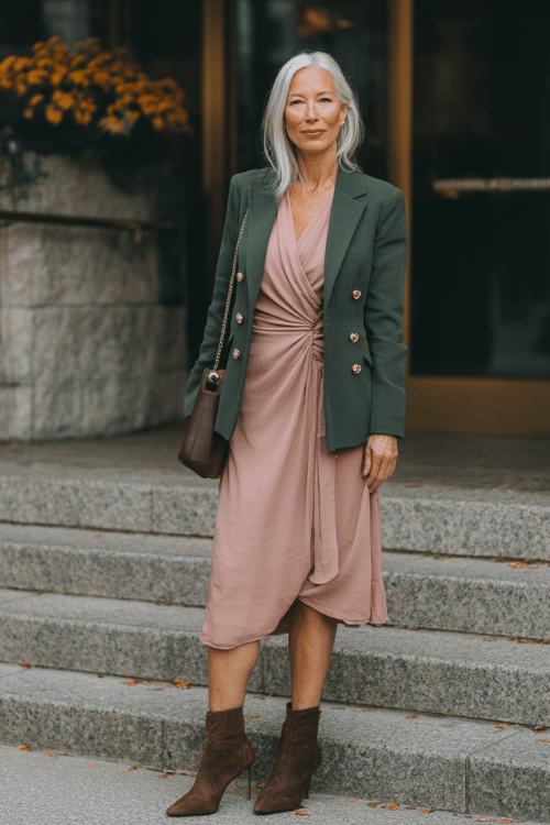 a silver-haired distinguished woman in a soft dusty rose long-sleeve wrap dress with a graceful draped neckline and flowing midi skirt, layered with a tailored forest green blaze