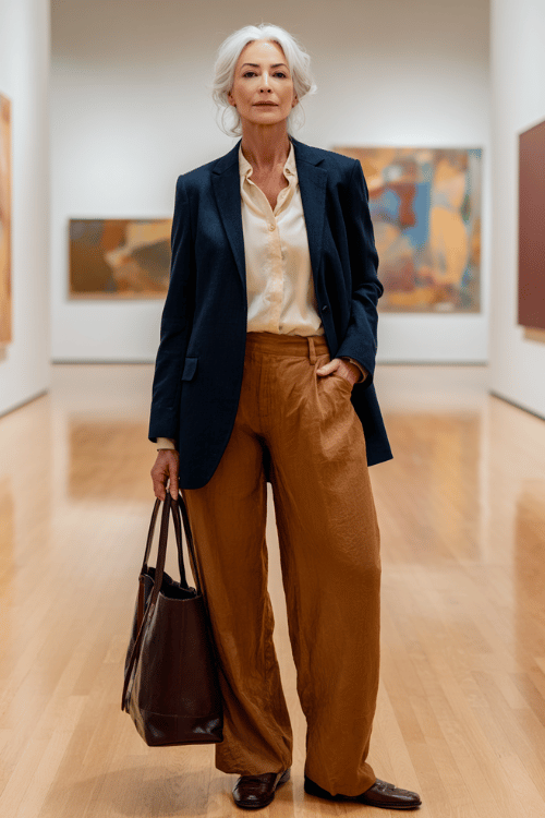 a silver-haired distinguished woman wearing a sophisticated deep navy longline blazer over a soft cream silk blouse tucked into relaxed wide-leg trousers in warm caramel