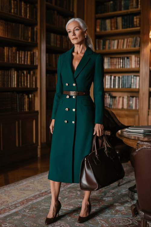 a silver-haired elegant midsize woman in a rich emerald green longline blazer dress with gold button details and a beautifully belted waist, paired with comfortable block-heel pumps