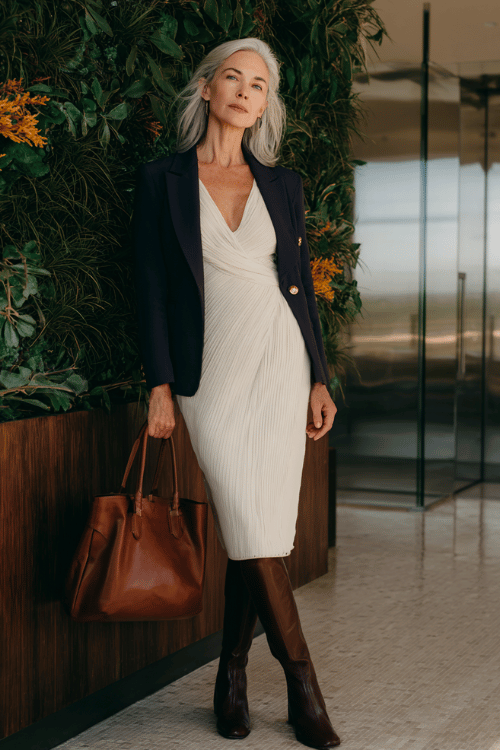 a silver-haired elegant woman wearing a sophisticated ivory long-sleeve wrap dress with subtle herringbone texture and a graceful midi length, layered with a fitted deep navy blazer