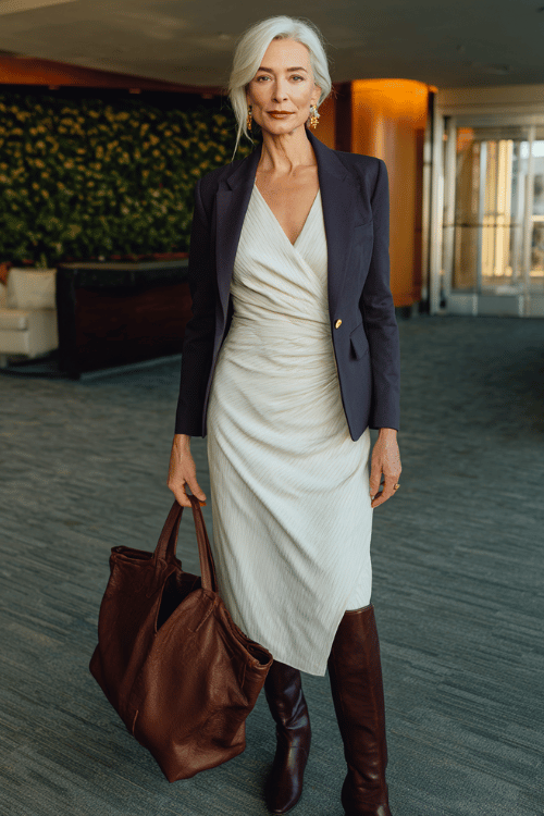 a silver-haired elegant woman wearing a sophisticated ivory long-sleeve wrap dress with subtle herringbone texture and a graceful midi length