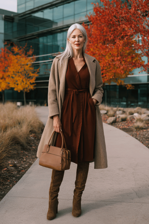 a silver-haired refined woman in a rich mahogany cashmere wrap dress with long sleeves and a flattering belted waist, layered with a tailored camel overcoat with structured lapels