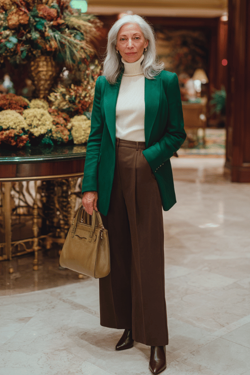 a silver-haired woman wearing a rich emerald green wrap blazer over a soft ivory cashmere turtleneck tucked into tailored wide-leg trousers in warm chocolate brown 