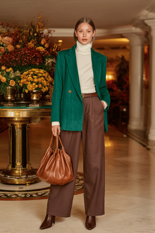a silver-haired woman wearing a rich emerald green wrap blazer over a soft ivory cashmere turtleneck tucked into tailored wide-leg trousers in warm chocolate brown