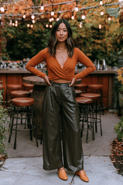 a stylish woman wearing a burnt orange long-sleeve wrap top, wide-leg dark olive trousers, and tan loafers, with layered dainty gold necklaces, standing at a casual bar