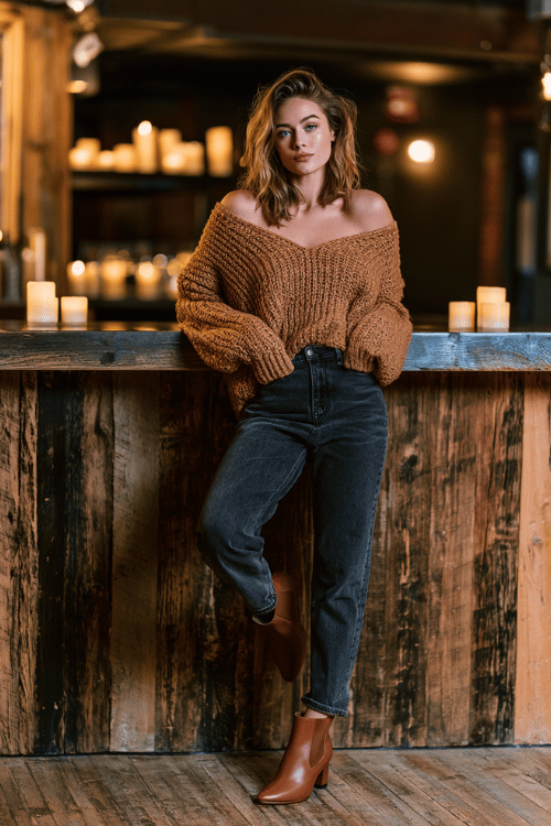 a stylish woman wearing a chunky knit off-shoulder sweater in warm caramel tones, high-waisted straight dark wash jeans, and cognac brown heeled Chelsea boots 