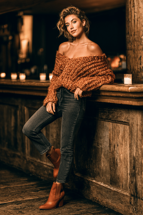 a stylish woman wearing a chunky knit off-shoulder sweater in warm caramel tones, high-waisted straight dark wash jeans, and cognac brown heeled Chelsea boots