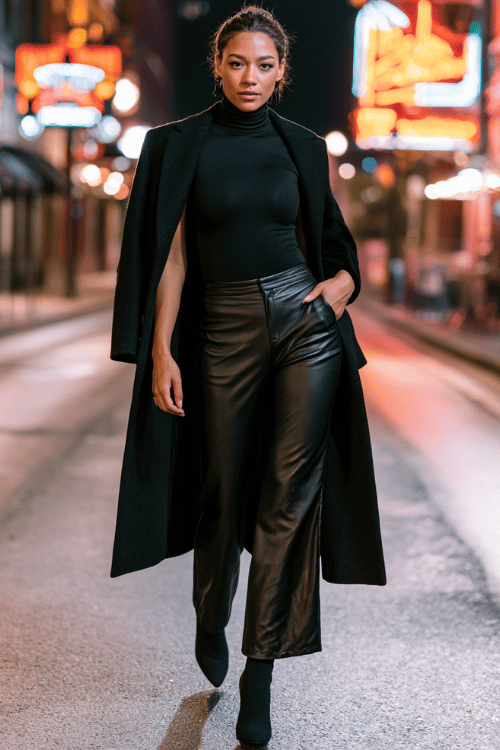 a stylish woman wearing a sleek all-black outfit a fitted turtleneck bodysuit, high-waisted faux leather wide-leg pants, and black heeled ankle boots topped with a longline black wool coat 