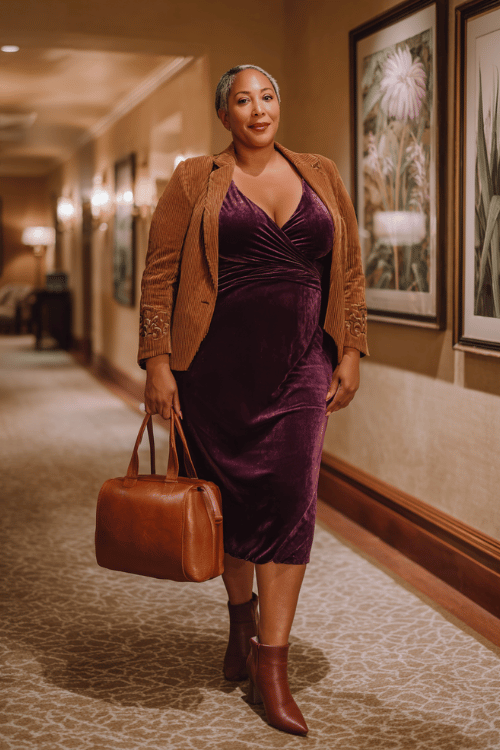 a white-haired distinguished plus-size woman dressed in a luxurious plum velvet wrap dress with bishop sleeves and a graceful midi length, layered with a tailored camel blazer 