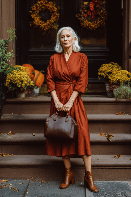 a white-haired elegantly mature woman in a bold burnt sienna long-sleeve wrap dress with a graceful cinched waist and flowing midi skirt, paired with comfortable block-heel ankle boots