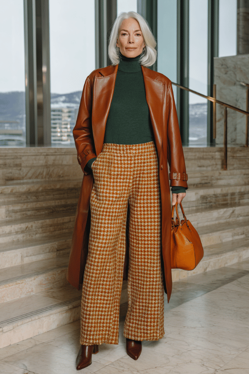 a white-haired midsize woman wearing a deep forest green cashmere turtleneck tucked into wide-leg trousers in a bold rust and ivory houndstooth print 