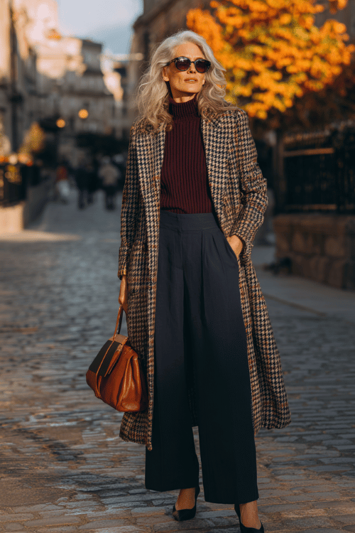 a white-haired poised woman wearing a longline houndstooth coat in black and camel over a deep plum ribbed cashmere turtleneck and relaxed wide-leg dark navy trousers 