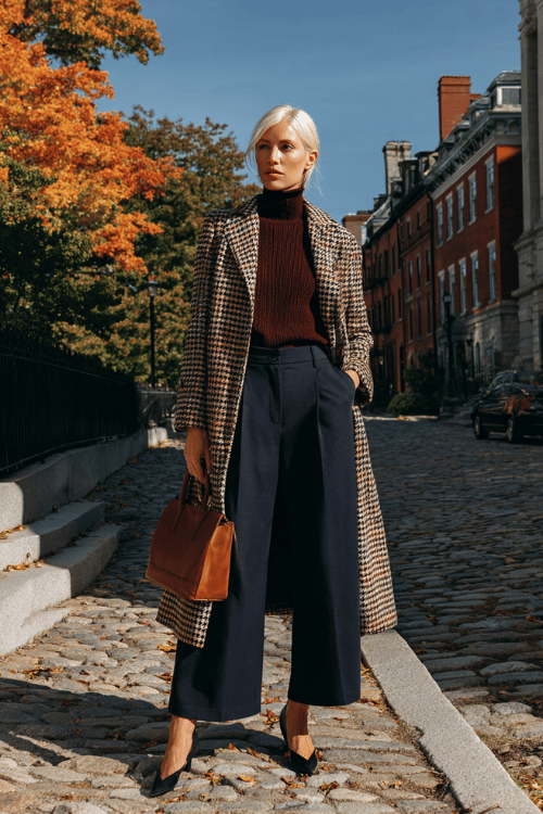 a white-haired poised woman wearing a longline houndstooth coat in black and camel over a deep plum ribbed cashmere turtleneck and relaxed wide-leg dark navy trousers
