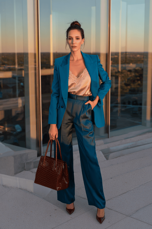 a white woman with a polished dark brunette updo wearing a striking color-blocked power suit with a deep teal fitted blazer and wide-leg trousers in warm ivory