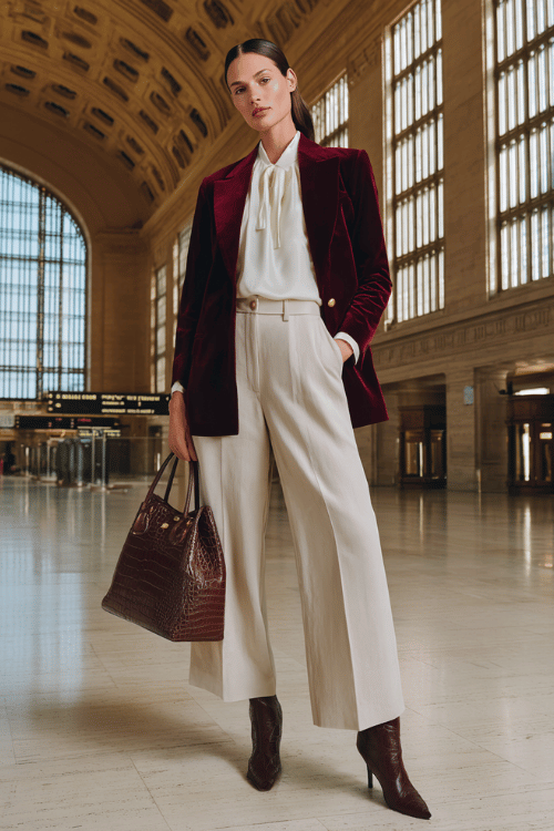 a white woman with a sleek chestnut balayage ponytail wearing a dramatic deep wine-colored velvet blazer with wide satin lapels and gold hardware over a soft ivory silk blouse 
