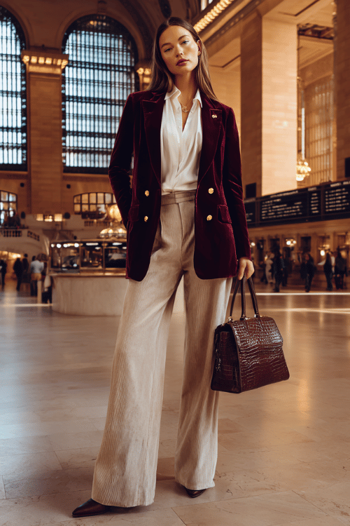 a white woman with a sleek chestnut balayage ponytail wearing a dramatic deep wine-colored velvet blazer with wide satin lapels and gold hardware over a soft ivory silk blouse