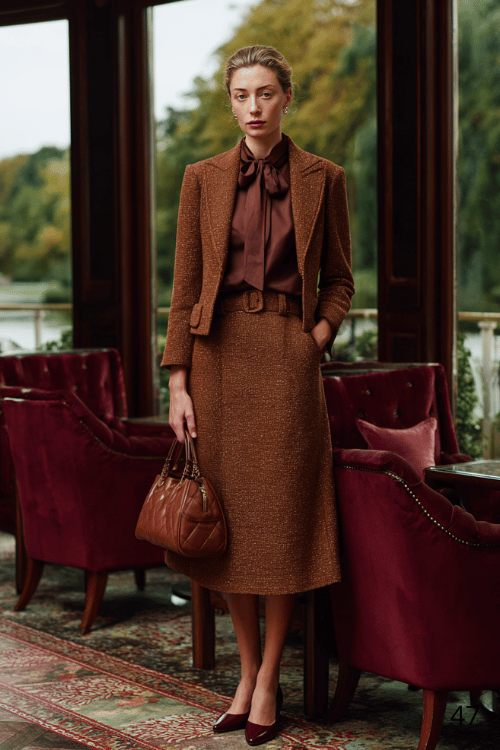 a white woman with a sophisticated ash blonde chignon wearing a rich caramel boucle skirt suit with a fitted cropped jacket and A-line midi skirt, layered over a deep burgundy silk blouse 