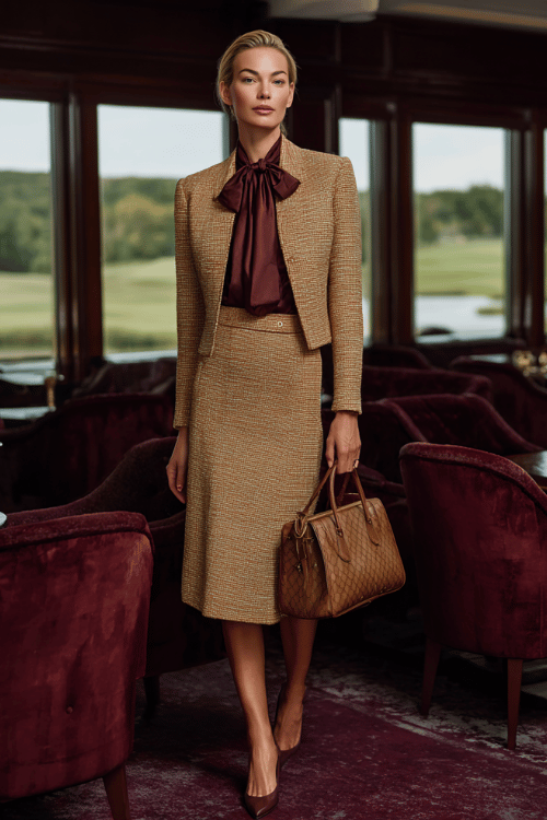 a white woman with a sophisticated ash blonde chignon wearing a rich caramel boucle skirt suit with a fitted cropped jacket and A-line midi skirt, layered over a deep burgundy silk blouse