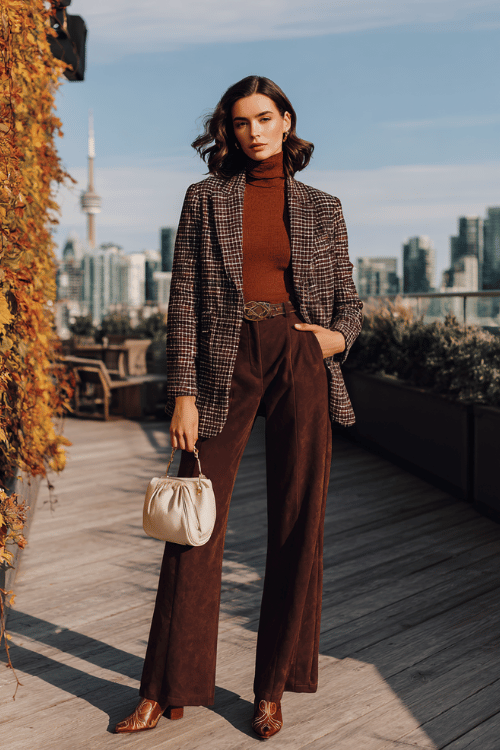 a white woman with elegant dark brunette waves wearing a sophisticated windowpane blazer in deep charcoal and ivory over a warm terracotta fitted turtleneck and wide-leg trousers 