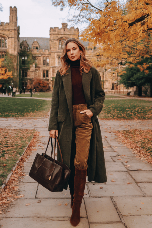 a white woman with long honey blonde waves wearing a rich olive green longline wrap coat with deep pockets and structured shoulders over a fitted burgundy ribbed turtleneck