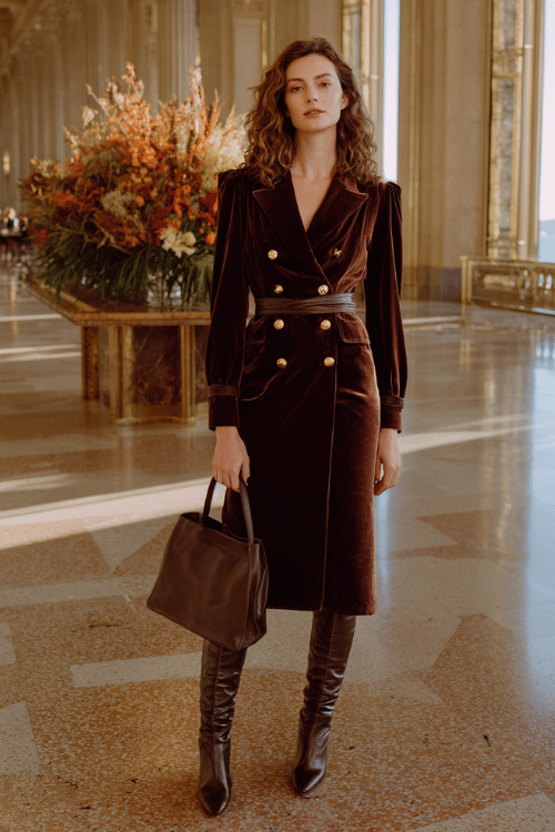 a white woman with loose copper-toned curls wearing a rich plum velvet wrap dress with bishop sleeves and an elegant midi length, layered with a tailored camel double-breasted blazer
