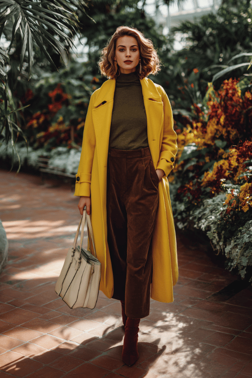 a white woman with tousled rose gold waves wearing a striking mustard yellow wrap coat with oversized tortoiseshell buttons and a sweeping midi length over a deep forest green