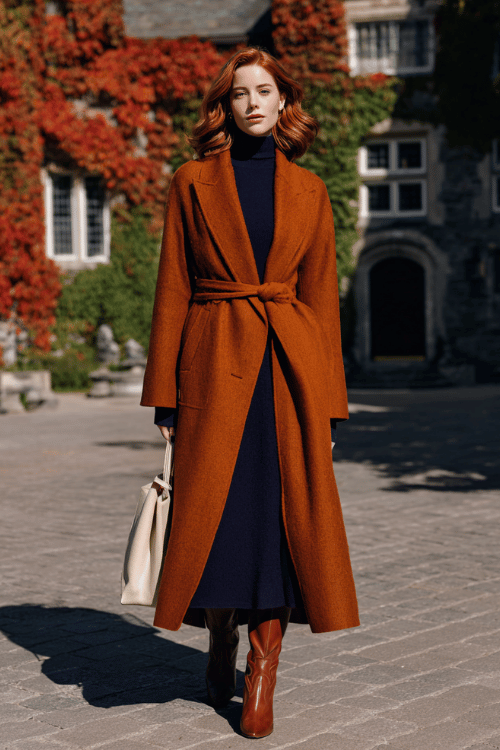 a white woman with warm auburn waves wearing a luxurious rust-orange wrap coat dress with dramatic wide lapels and a sweeping midi length, layered over a deep navy fitted turtleneck
