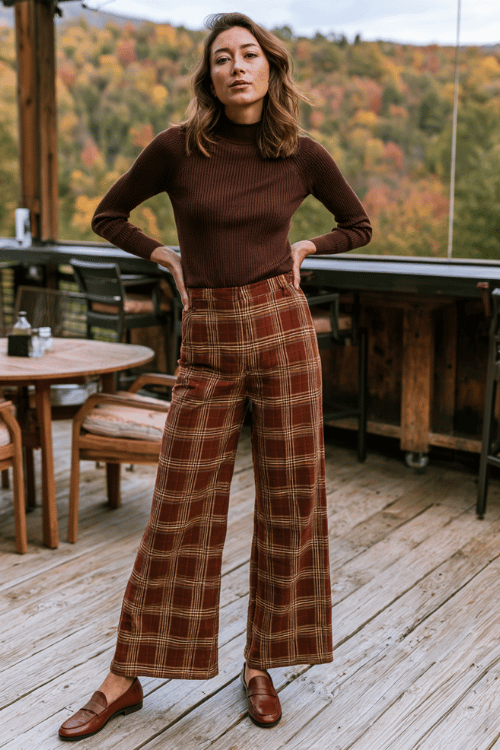 a woman dressed in a chocolate brown mock-neck fitted sweater, high-waisted plaid wide-leg trousers in rust and tan tones, and brown leather loafers 