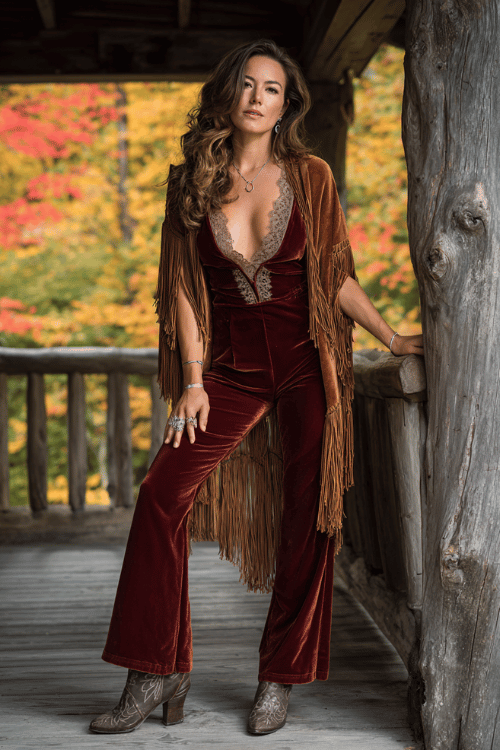 a woman dressed in a deep burgundy velvet flare-leg jumpsuit with a plunging V-neck and lace trim, draped in a long fringed kimono in burnt sienna and mustard tones 