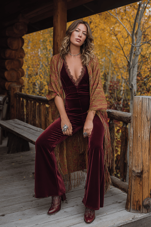 a woman dressed in a deep burgundy velvet flare-leg jumpsuit with a plunging V-neck and lace trim, draped in a long fringed kimono in burnt sienna and mustard tones