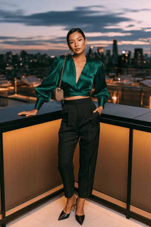 a woman dressed in a deep emerald green satin blouse tucked into high-waisted black tailored trousers, black mule heels, and a small gold chain bag