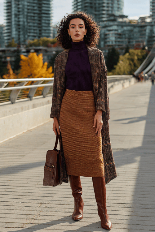 a woman dressed in a deep plum ribbed turtleneck tucked into a high-waisted A-line midi skirt in warm caramel tweed, layered with a longline windowpane coat in charcoal and ivory,