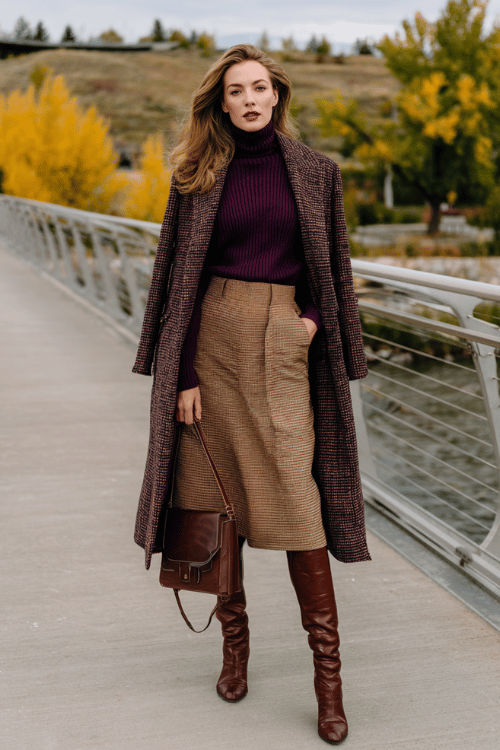 a woman dressed in a deep plum ribbed turtleneck tucked into a high-waisted A-line midi skirt in warm caramel tweed, layered with a longline windowpane coat