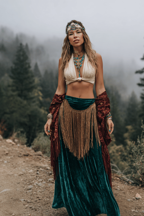 a woman dressed in a deeply hippie boho style a flowing velvet maxi skirt in deep forest green paired with a loose crochet halter top in warm cream