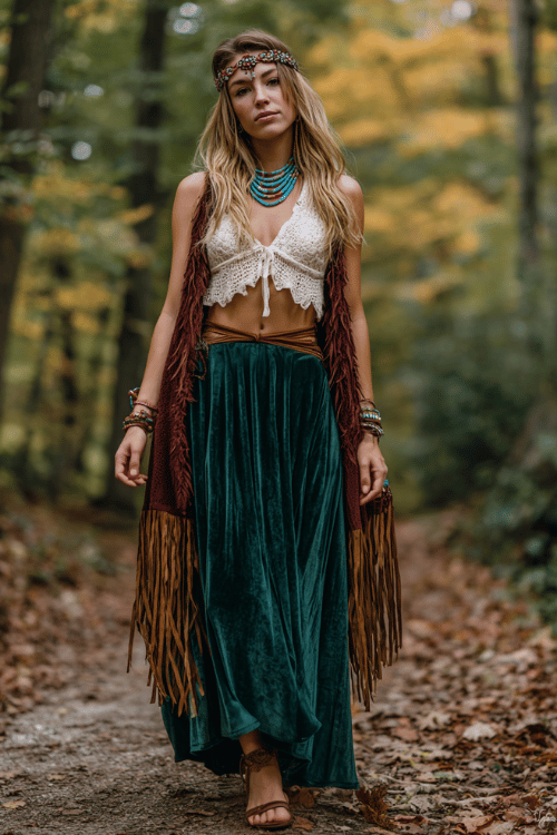 a woman dressed in a deeply hippie boho style a flowing velvet maxi skirt in deep forest green paired with a loose crochet halter top in warm cream, layered with a heavy fringed shawl