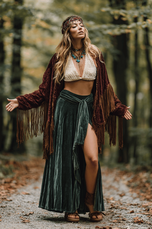 a woman dressed in a deeply hippie boho style a flowing velvet maxi skirt in deep forest green paired with a loose crochet halter top in warm cream